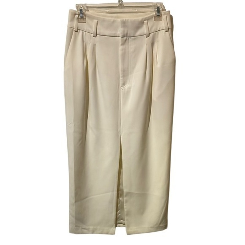 Ronny Kobo Cream Tailored Pleated Midi Skirt Front Slit Off-White High‎ Waist